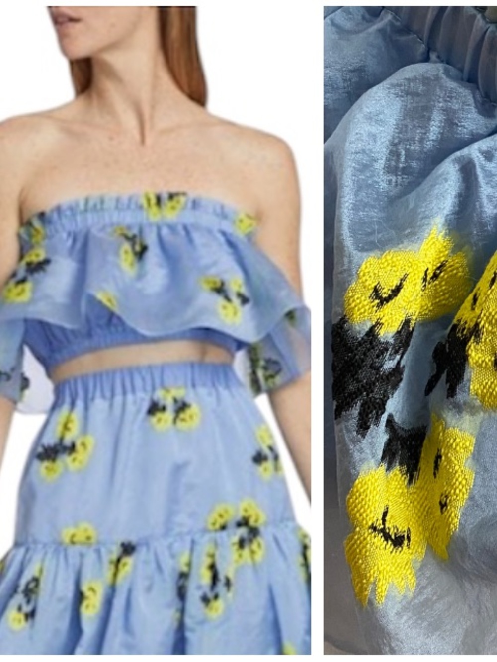 Tanya Taylor Blue Yellow Floral Zoya Strapless Cropped Top Large